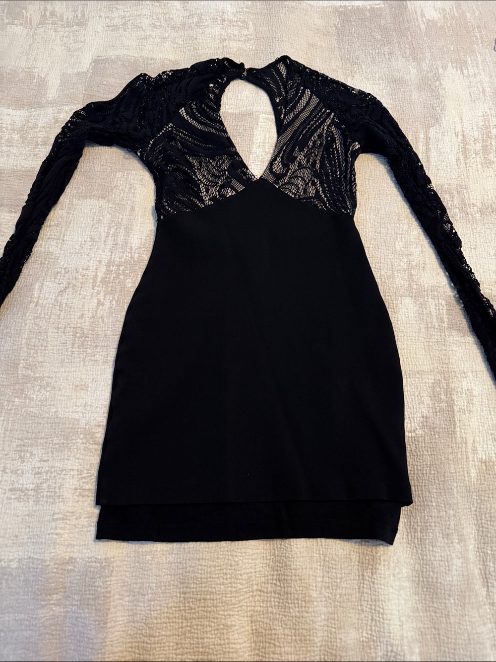 bebe Black Lace-Panel Long Sleeve Mini Dress